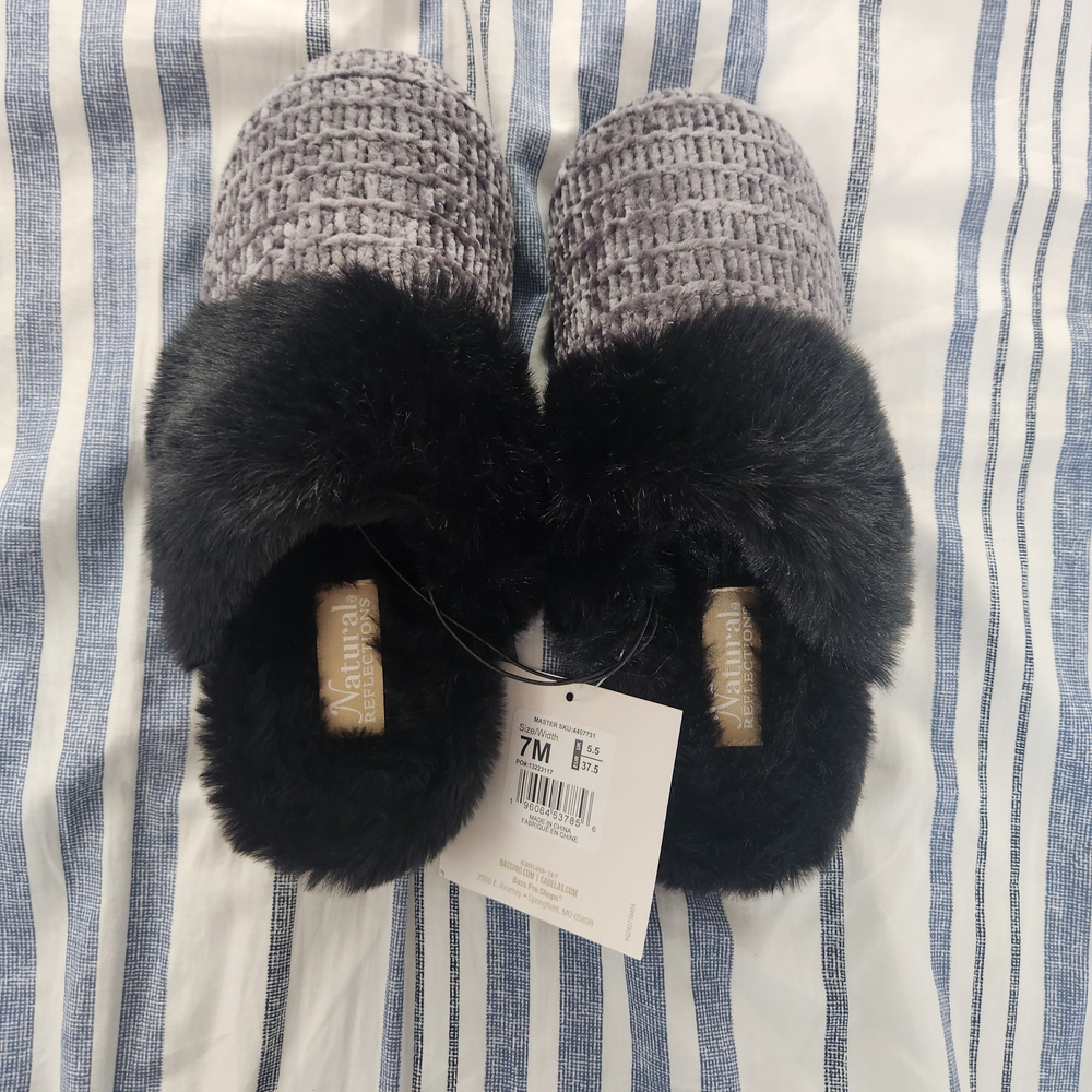Gray and Black Fuzzy Slippers